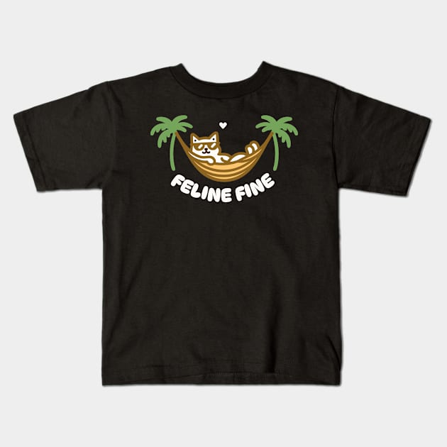 Feline Fine | Cute cat enjoying summer on a beach with feeling fine vibe | Cat Puns Kids T-Shirt by Nora Liak